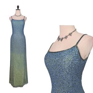 Vintage Mia Bella Prom Dress Maxi Gown S Blue Green Silk Y2K Bead Ombre Fairy